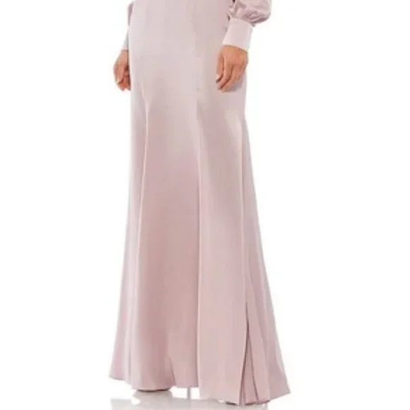 Mac Duggal Rose Pink Ruched Satin Long Bishop Sleeve Gown